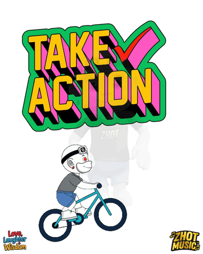 a cartoon of a person riding a bike with the words take action behind them