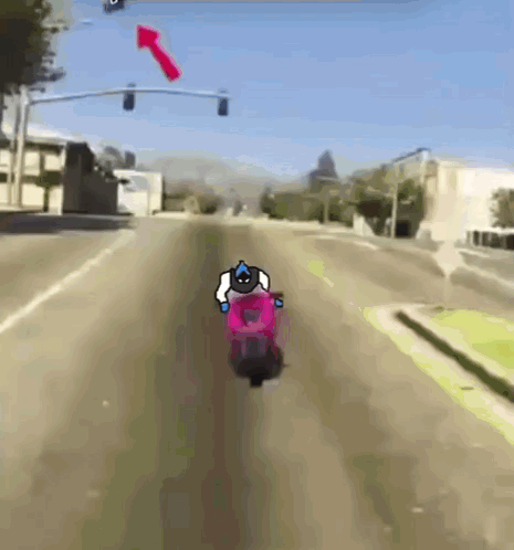A Cartoon Of A Person Riding A Motorcycle Down A Street . GIF
