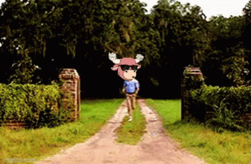 A Cartoon Of A Person Running Down A Dirt Road GIF