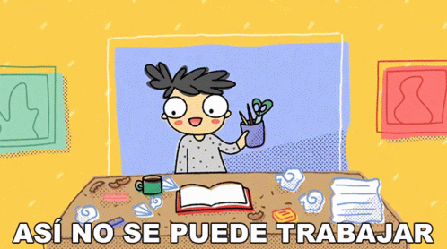 a cartoon of a person sitting at a desk with the words " así no se puede trabajar " written below them