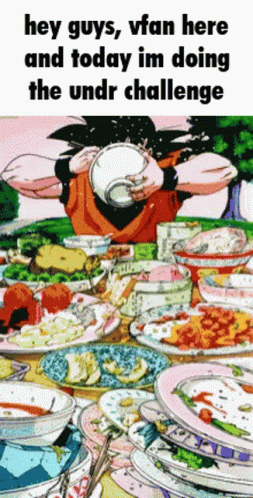 A Cartoon Of A Person Sitting At A Table With Plates Of Food And A Caption That Says Hey Guys Vfan Here GIF