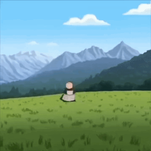 A Cartoon Of A Person Sitting In A Field With Mountains In The Background . GIF
