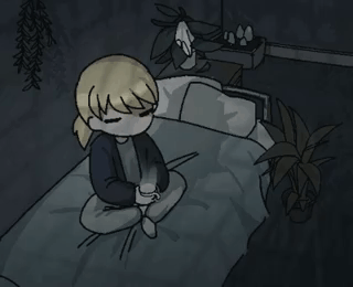 A Cartoon Of A Person Sitting On A Bed Holding A Cup GIF