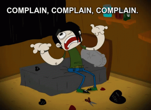 A Cartoon Of A Person Sitting On A Bed With The Words Complain Complain Complain GIF