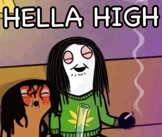 A Cartoon Of A Person Smoking A Bong With The Words `` Hella High '' Written Above Them . GIF