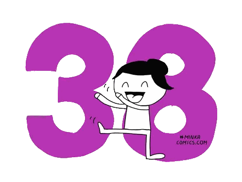 a cartoon of a person standing next to a green number 38