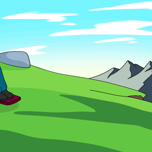 A Cartoon Of A Person Standing On Top Of A Grassy Hill With Mountains In The Background GIF