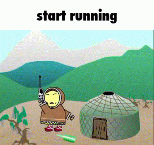 A Cartoon Of A Person Talking On A Cell Phone With The Words Start Running Below Him GIF