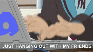 A Cartoon Of A Person Using A Laptop With The Words Just Hanging Out With My Friends Above Them GIF