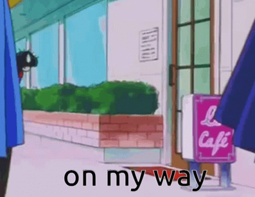 A Cartoon Of A Person Walking In Front Of A Cafe Sign GIF