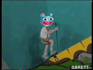 A Cartoon Of A Person Walking Up A Yellow Staircase With A Blue Bear On His Head GIF