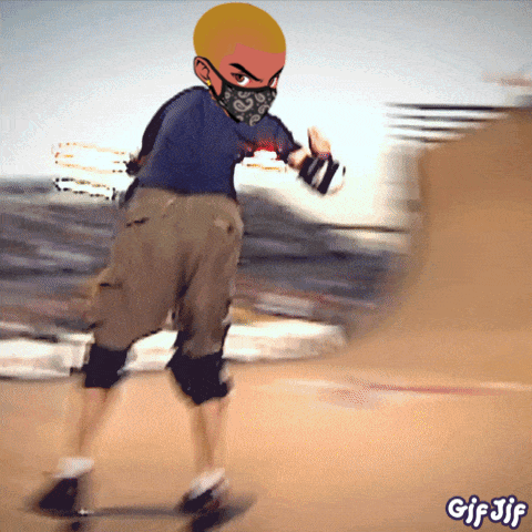 A Cartoon Of A Person Wearing A Bandana And A Mask Riding A Skateboard With The Words Gif Jif Below Them GIF
