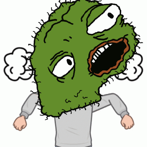 A Cartoon Of A Person With A Green Face And A Gray Shirt GIF