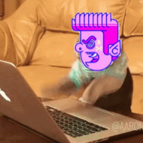 A Cartoon Of A Person With A Purple Haircut Is Sitting In Front Of An Apple Laptop GIF
