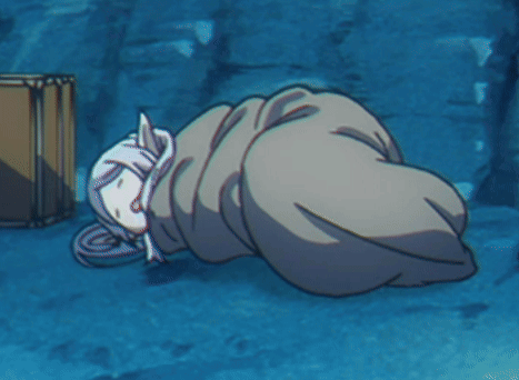 A Cartoon Of A Person Wrapped In A Blanket With A Box In The Background GIF