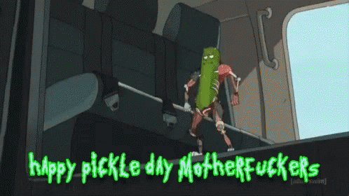 A Cartoon Of A Pickle Saying Happy Pickle Day Mother Fuckers GIF