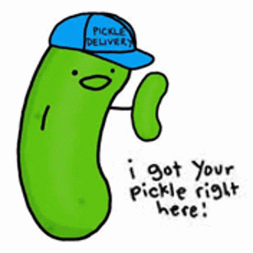 A Cartoon Of A Pickle Wearing A Blue Hat And Saying I Got Your Pickle Right Here . GIF