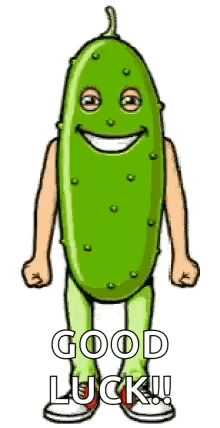 A Cartoon Of A Pickle With Arms And Legs And The Words Good Luck Written Below It . GIF