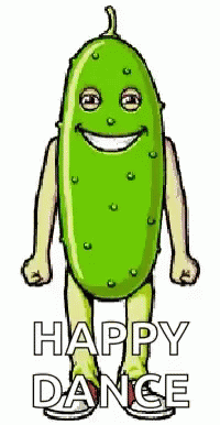 A Cartoon Of A Pickle With Arms And Legs And The Words `` Happy Dance '' Below It . GIF