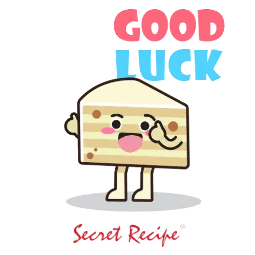 a cartoon of a piece of cake giving a thumbs up with the words " good luck " behind it