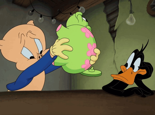 A Cartoon Of A Pig And A Duck Holding A Piggy Bank GIF