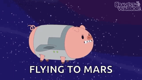 A Cartoon Of A Pig Flying To Mars With Bravest Warriors In The Background GIF