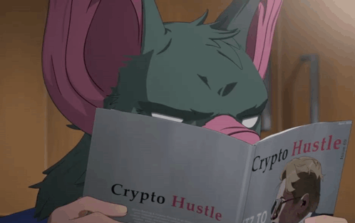 A Cartoon Of A Pig Reading A Book Called Crypto Hustle GIF