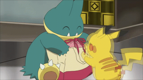A Cartoon Of A Pikachu And A Snorlax Holding A Gift GIF