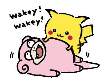 a cartoon of a pikachu laying on top of a pink animal with the words wakey wakey written on the bottom
