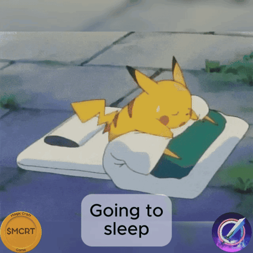 A Cartoon Of A Pikachu Sleeping On A Bed That Says Going To Sleep On It GIF