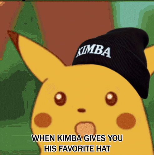 A Cartoon Of A Pikachu Wearing A Beanie That Says Kimba GIF