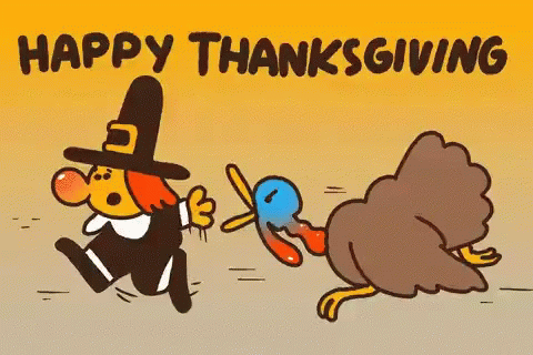 A Cartoon Of A Pilgrim And A Turkey With The Words Happy Thanksgiving Written Above Them GIF