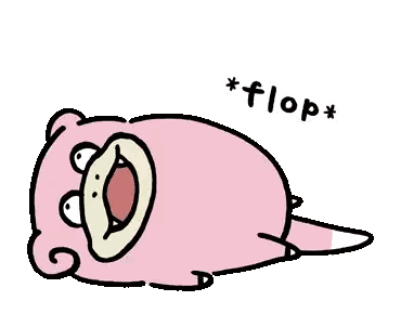 a cartoon of a pink bear laying on its back with the words * flop * below it