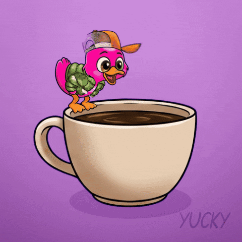 A Cartoon Of A Pink Bird Sitting On Top Of A Cup Of Coffee GIF