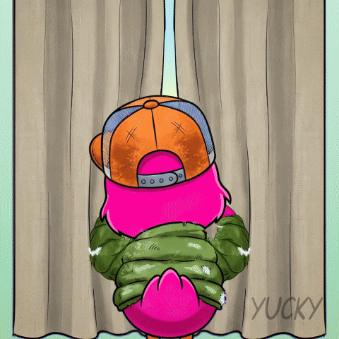 A Cartoon Of A Pink Bird Wearing An Orange Hat And A Green Jacket Is Behind A Curtain That Says Yucky GIF