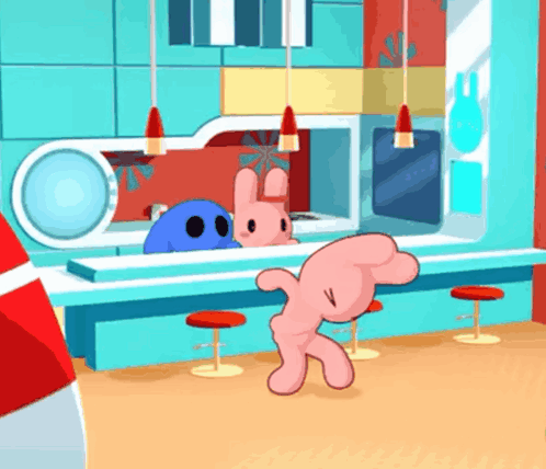 A Cartoon Of A Pink Bunny And A Blue Monster Standing In A Kitchen GIF