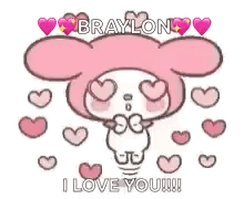 A Cartoon Of A Pink Bunny With Hearts Around Its Eyes . GIF