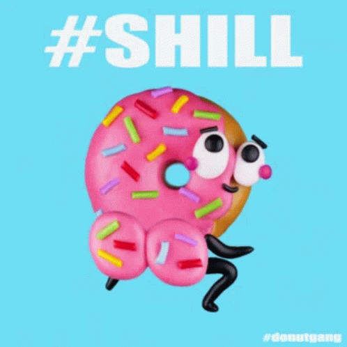 A Cartoon Of A Pink Donut With Sprinkles And The Words #Shill GIF