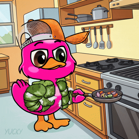 a cartoon of a pink duck cooking in a kitchen with the word yucky below it