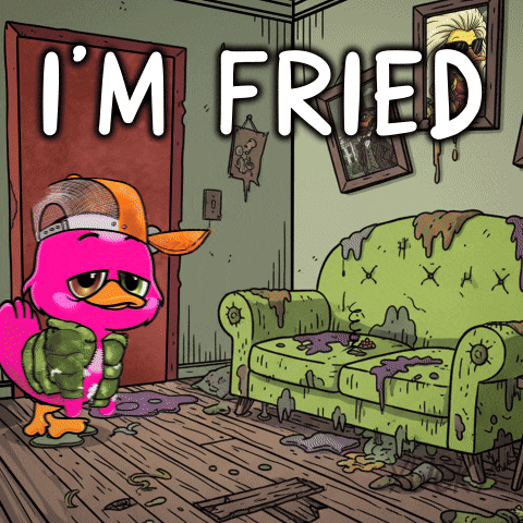 A Cartoon Of A Pink Duck In A Room With The Words I 'M Fried Above It GIF
