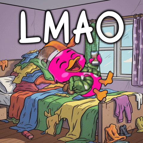 A Cartoon Of A Pink Duck Laying On A Messy Bed With The Words Lmao Above It GIF