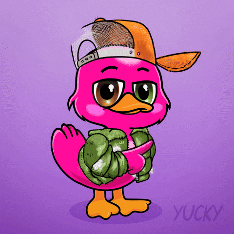 A Cartoon Of A Pink Duck Wearing A Hat And A Jacket With The Name Yucky Below It GIF