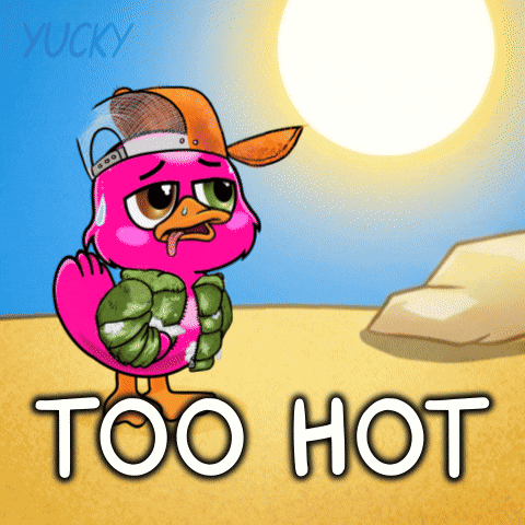 A Cartoon Of A Pink Duck Wearing A Hat And Sweater Says Too Hot GIF