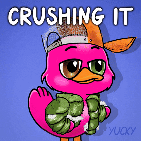 A Cartoon Of A Pink Duck With The Words " Crushing It " Written Above It GIF