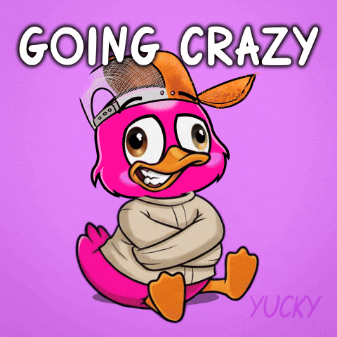A Cartoon Of A Pink Duck With The Words " Going Crazy " Written Above It GIF