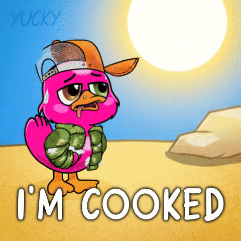 A Cartoon Of A Pink Duck With The Words I 'M Cooked GIF