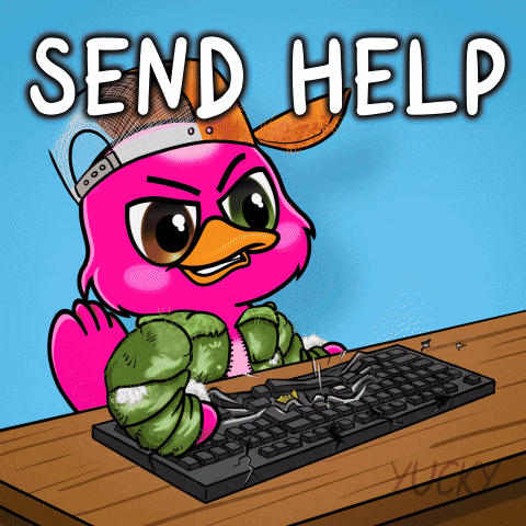 a cartoon of a pink flamingo sitting at a desk with a keyboard and the words send help above it