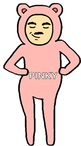 a cartoon of a pink teddy bear with the word pinky on it