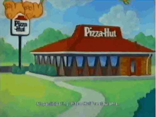 A Cartoon Of A Pizza Hut Restaurant With A Sign That Says Pizza Hut GIF