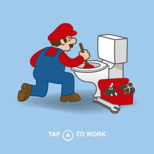 A Cartoon Of A Plumber Using A Plunger On A Toilet GIF